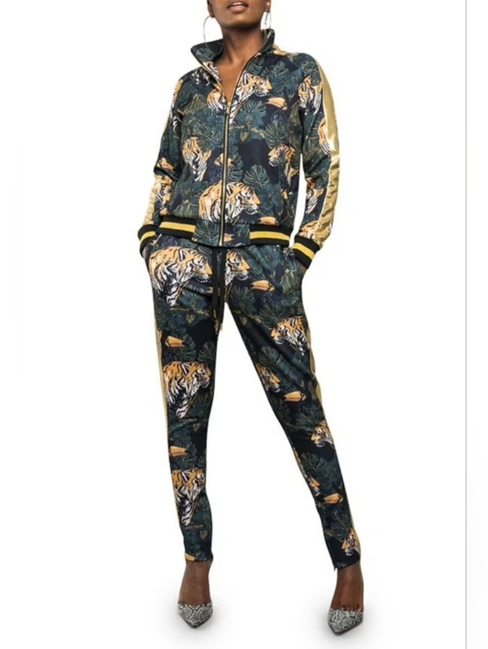Victorious Jungle Floral Tiger 2 Pcs Tracksuit Set Black Gold Trim Size XL NWOT